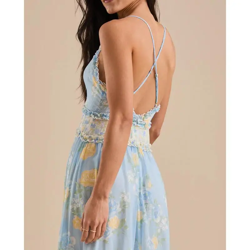 Combhasaki Women Summer Ruffled Frills Trim V-Neck Adjustable Shoulder Straps Backless Cross A-line Floral Long Dress Beachwear