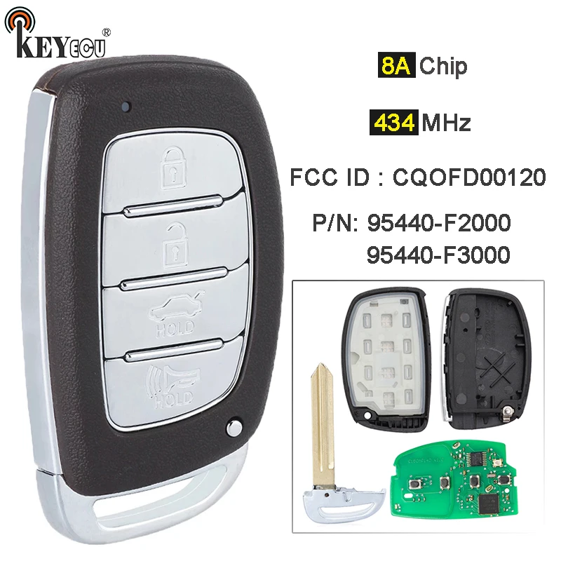 

KEYECU 434MHz 8A Chip FCC ID: CQOFD00120 P/N: 95440-F2000 95440-F3000 Smart Remote Key Fob for Hyundai Elantra 2016 2017 2018