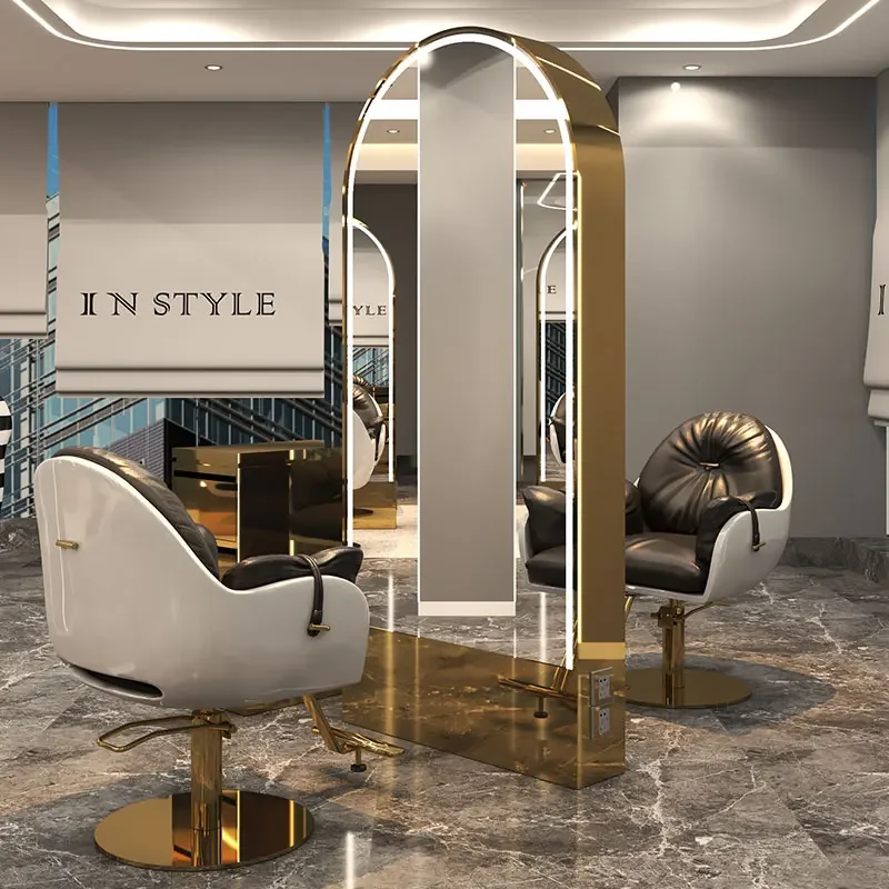 Luxury salon furniture led light gold frame double sided barber station modern hair salon mirrors designs