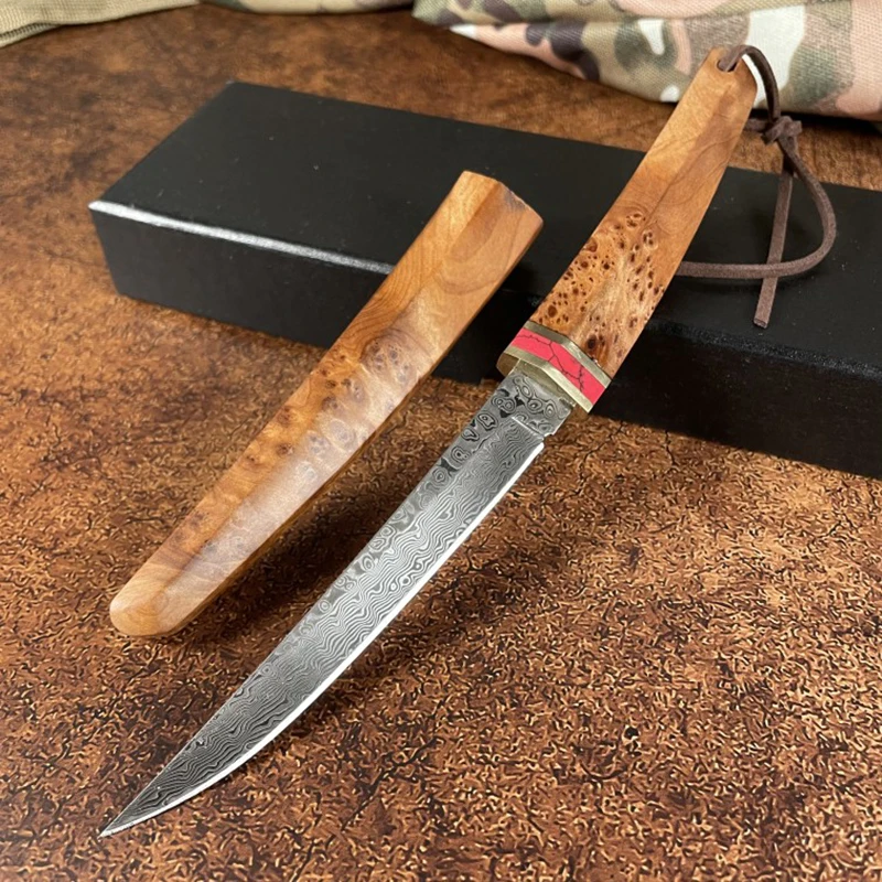 

Damascus Outdoor Knife with Sheath,Small Fixed Blade Knife, Sharp Hunting Skinning Knife Full Tang Camping Survival Knife EDC