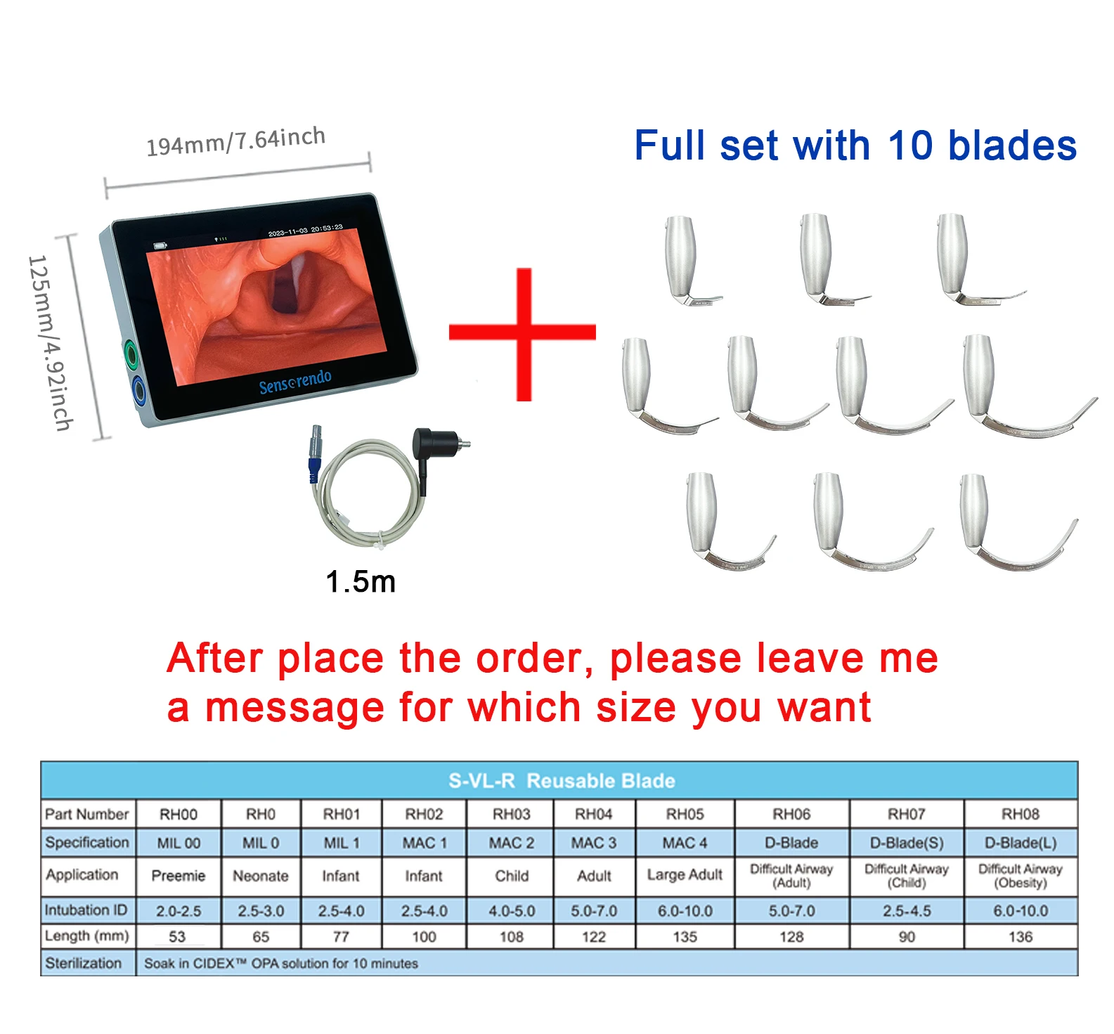 Sensorendo 7-inch Touchscreen Video Laryngoscope with Reusable Blades (MIL0/1/MAC1/2/3/4/D-Blade)for Anesthesia Intubation