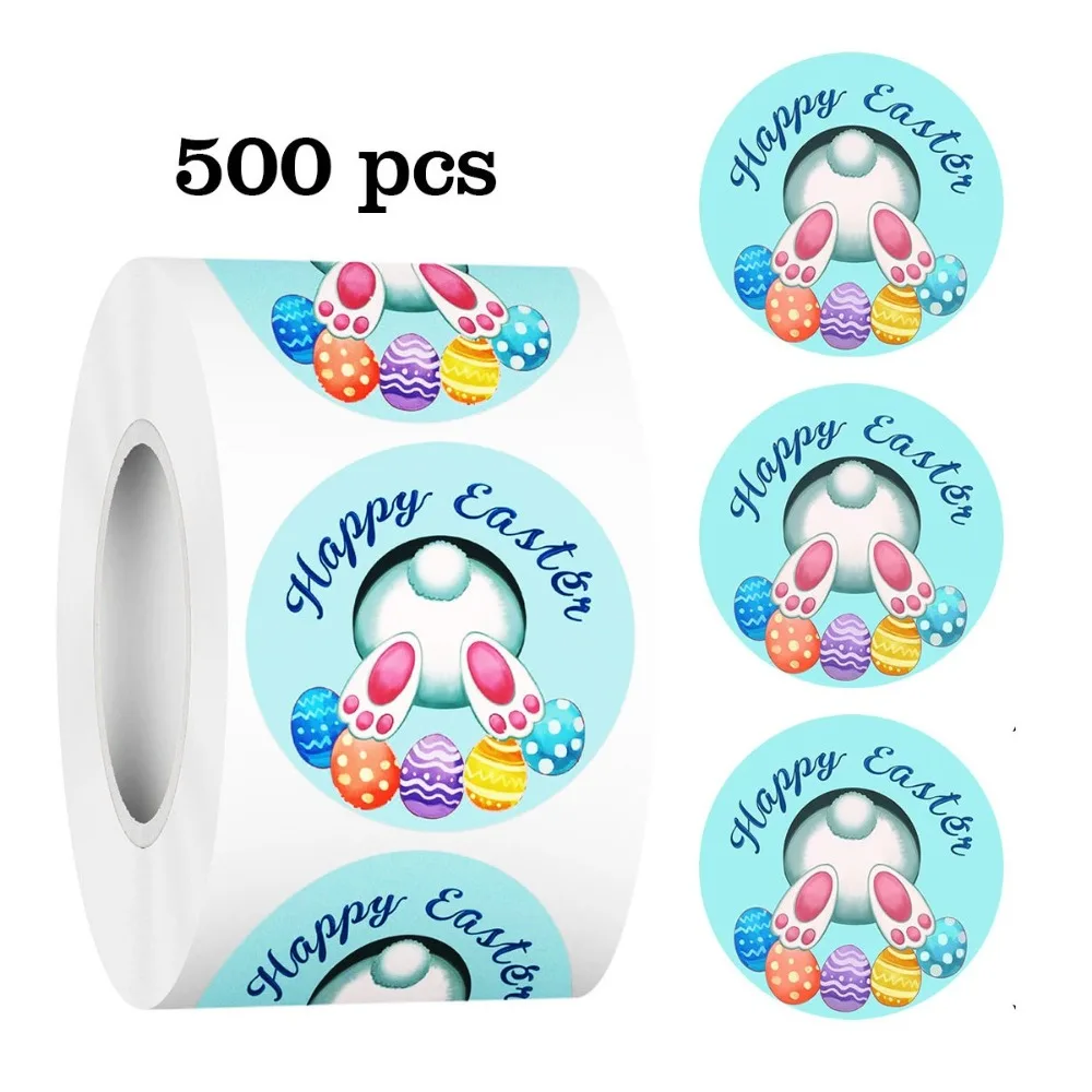 Party Decoration Golden Paper Easter Stickers Round Shape Cartoon Design Bunny Stickers Self Adhesive Sealing Label Kids Gift