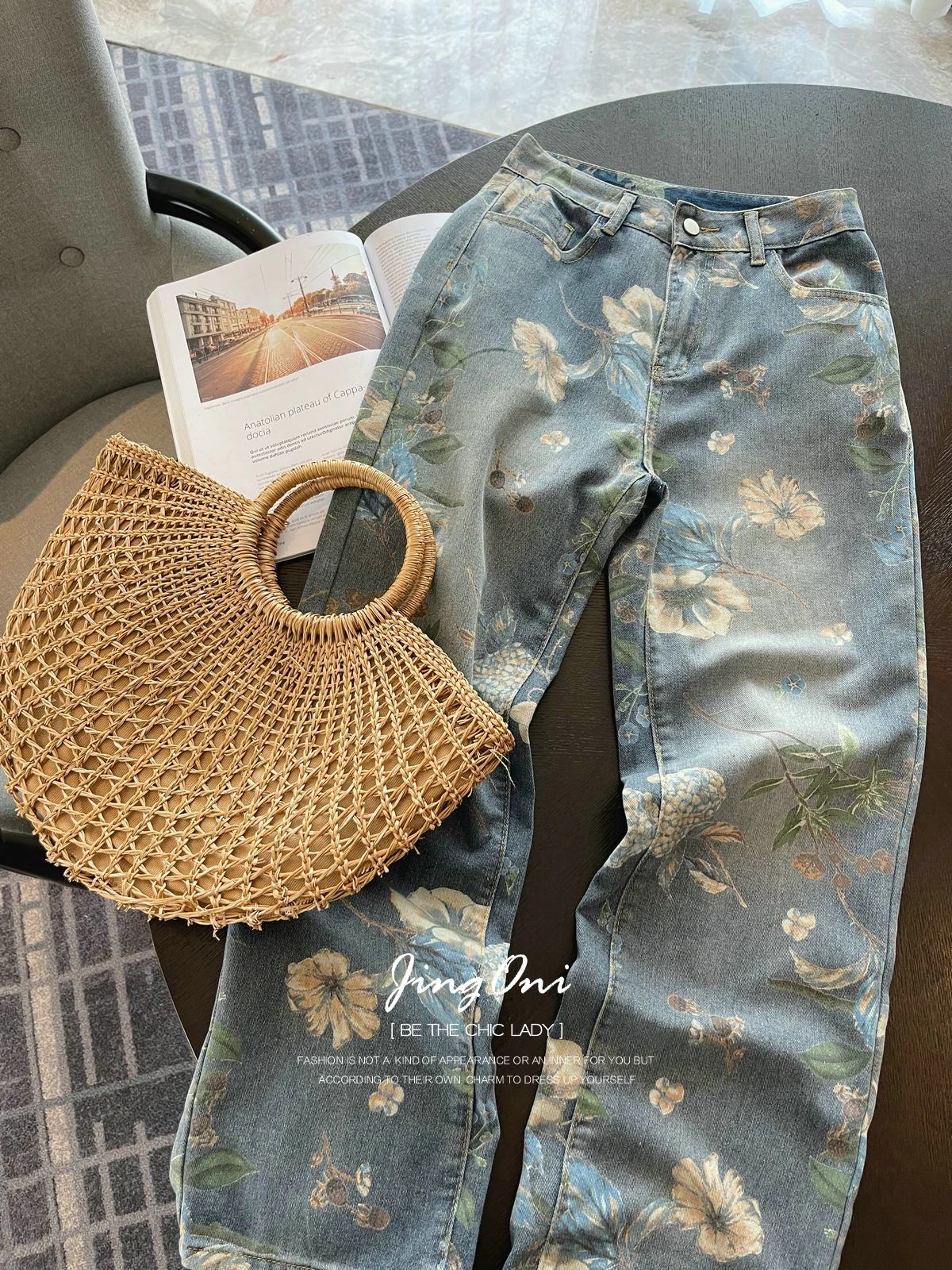 Floral Jeans Long Pants Y2k Woman Clothing 2024 Summer Korean Fashion Style New Elegant Vintage Trousers Wide High Waist Cargo