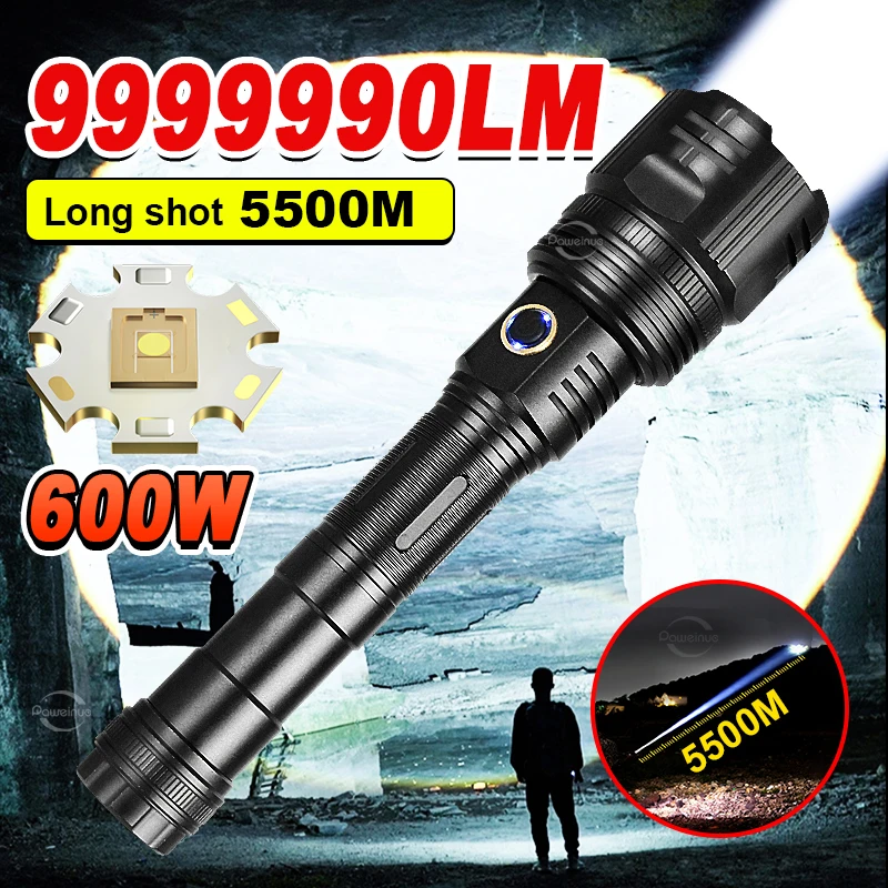 600W High Power LED Flashlight Rechargeable USB Torch Light Long Range 5500M Zoom Flashlight Hunting Fishing Lantern Work Light