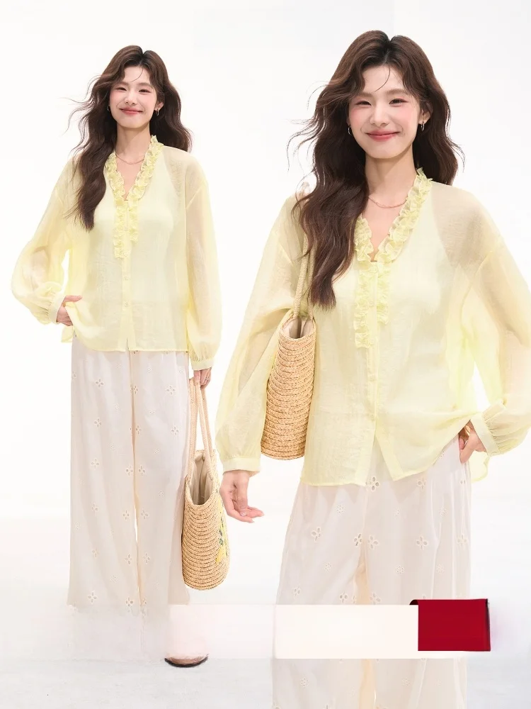 

Heme Summer Long Sleeve Shirt Women's Simple Matching Wooden Ear Casual Style Loose Fit Nylon Fabric Versatile Top