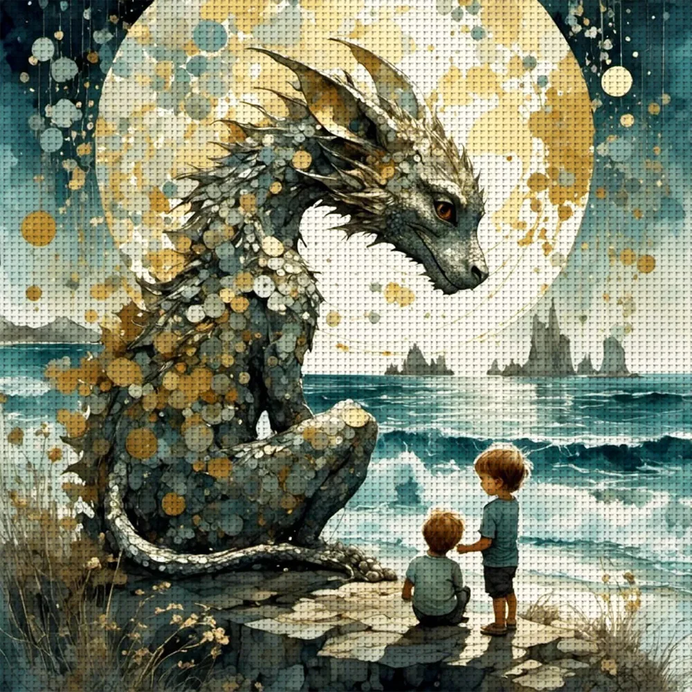 

1PC46X46cm/18.11X18.11in,11CT print cross stitch DIY kit,Dragon&Two Little Boys,adult beginner's relaxed cross stitch stitch set