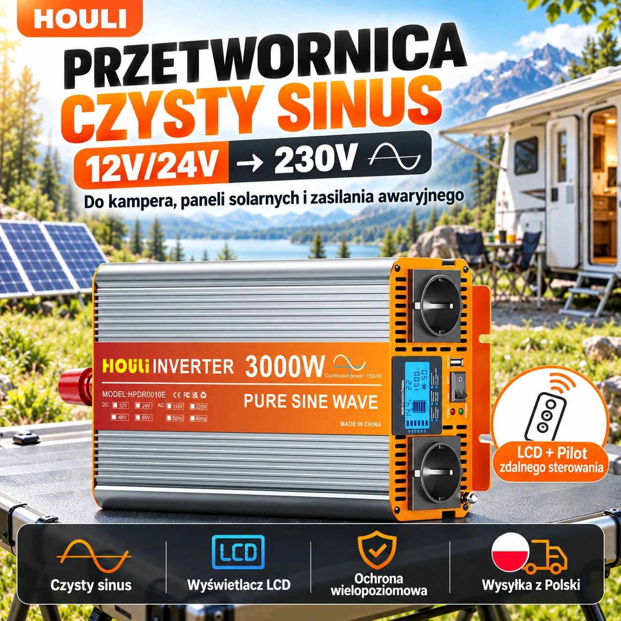 HOULI Wechselrichter 12V 24V auf 230V Reiner Sinus Spannungswandler für Auto Wohnmobil Camping LCD Fernbedienung