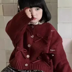 Children's clothing girls' knitted cardigan autumn baby girl new retro sweetl bow solid color comfortable sweater