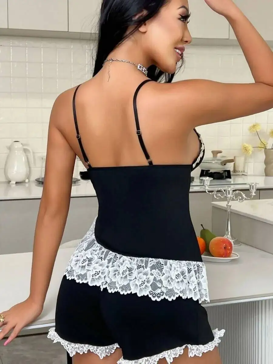 Strappy السراويل مجموعات Casaul أنيقة نمط الخامس الرقبة الدانتيل المرقعة مثير المتسكعون الدانتيل المشذبة Bowknot السراويل مجموعات ملابس النوم 5US6 #4