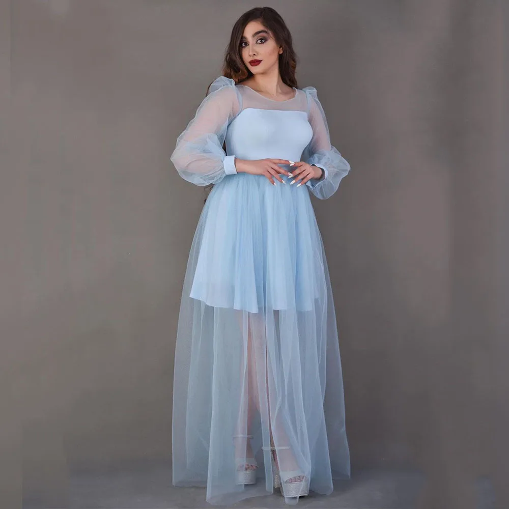 Eeqasn Eenvoudige Sky Blue Satin Tulle Prom Jurken Lange Mouwen Formele Avondjurken Custom Made Korte Lange Vrouwen Prom Party jassen