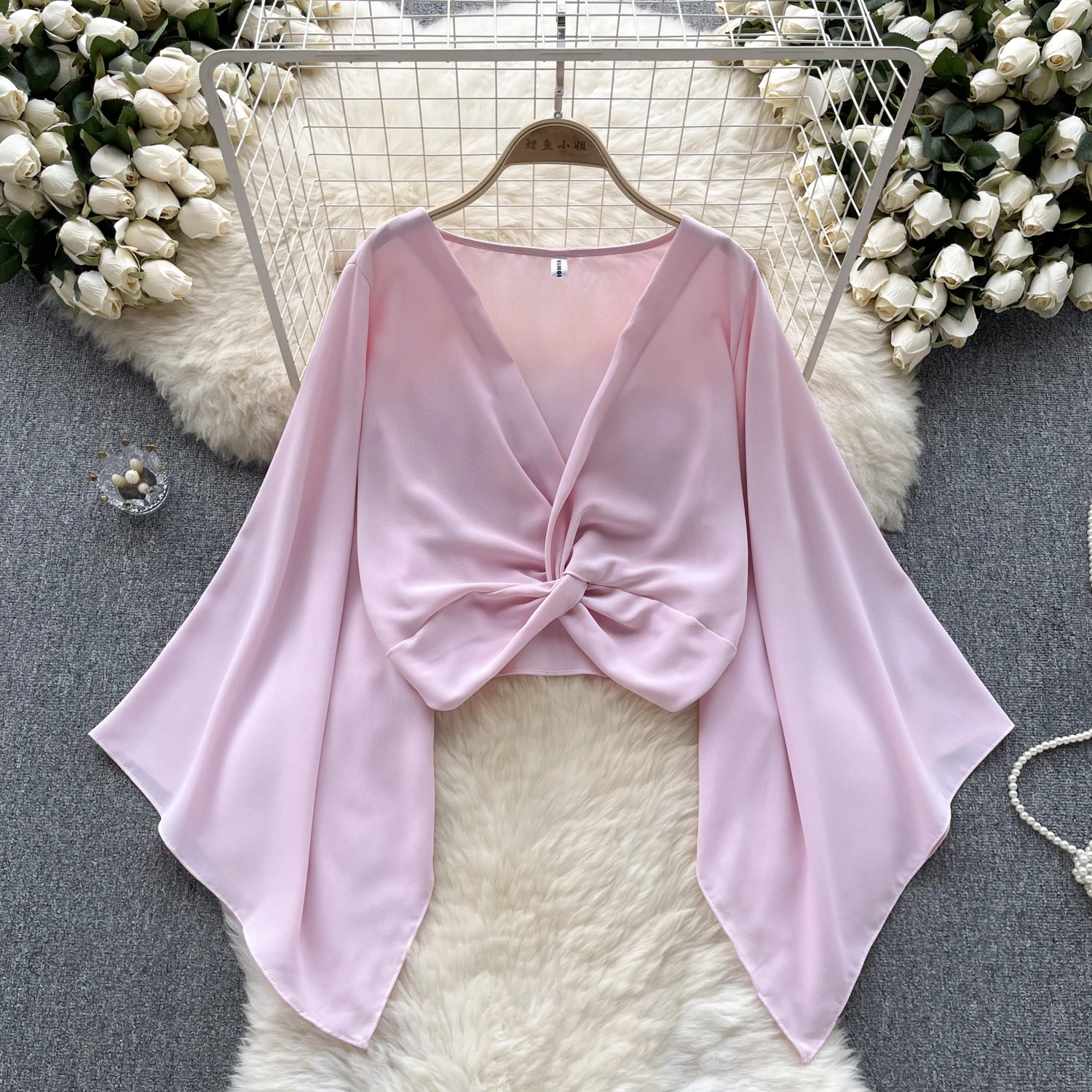 Chic Sweet Flare Long Sleeve V Neck Crop Blouse Slim Chiffon Elegant Korean Fashion Top Sexy Women Shirt