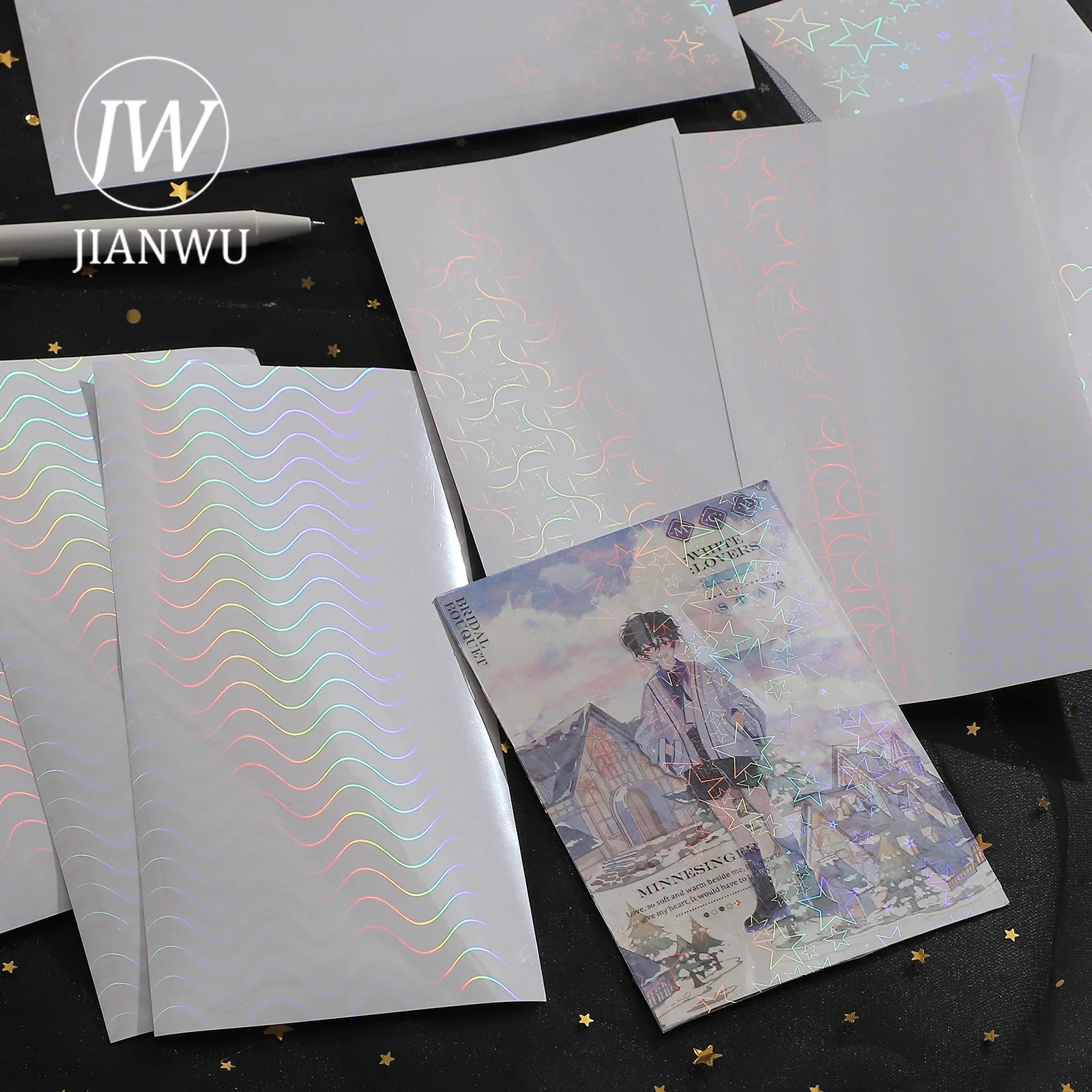 JIANWU 5 Sheets Flash Laser Film Goo Card Sticker DIY Journal Collage Decoration Scrapbooking Phone Stickers Kawaii Stationery