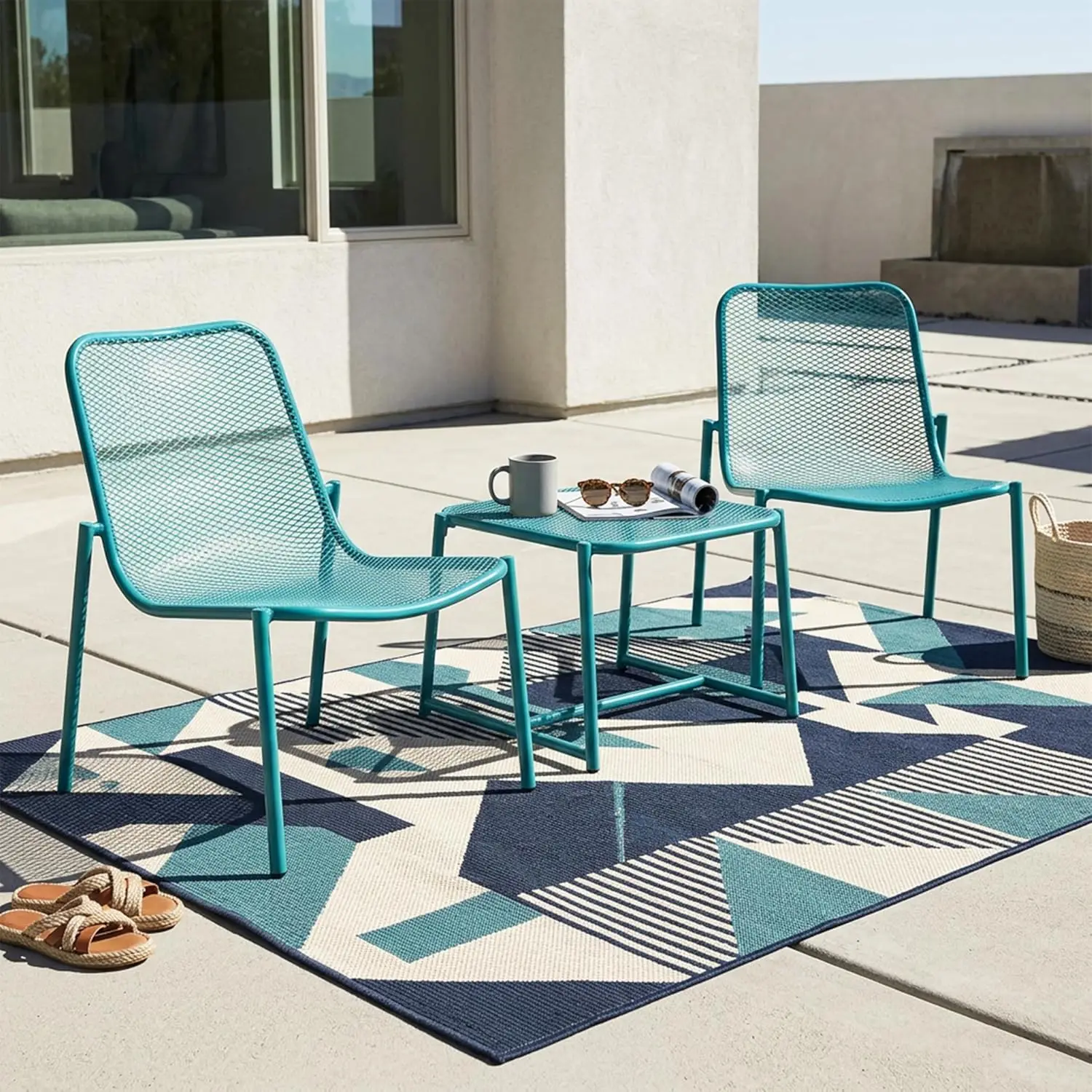 Outdoor Furniture Set 3-Piece Iron Frame 2 Mesh Chairs & 1 Side Table Patio Balcony Garden Pool, Customized