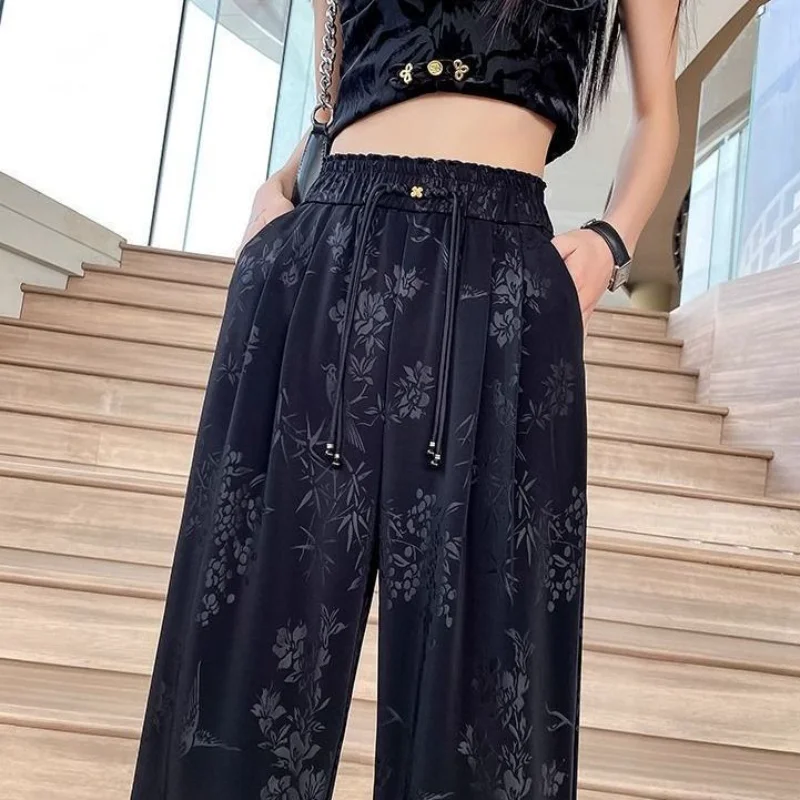 

Новые жаккардовые брюки с высокой талией в китайском стиле, свободные утягивающие драпированные широкие брюки