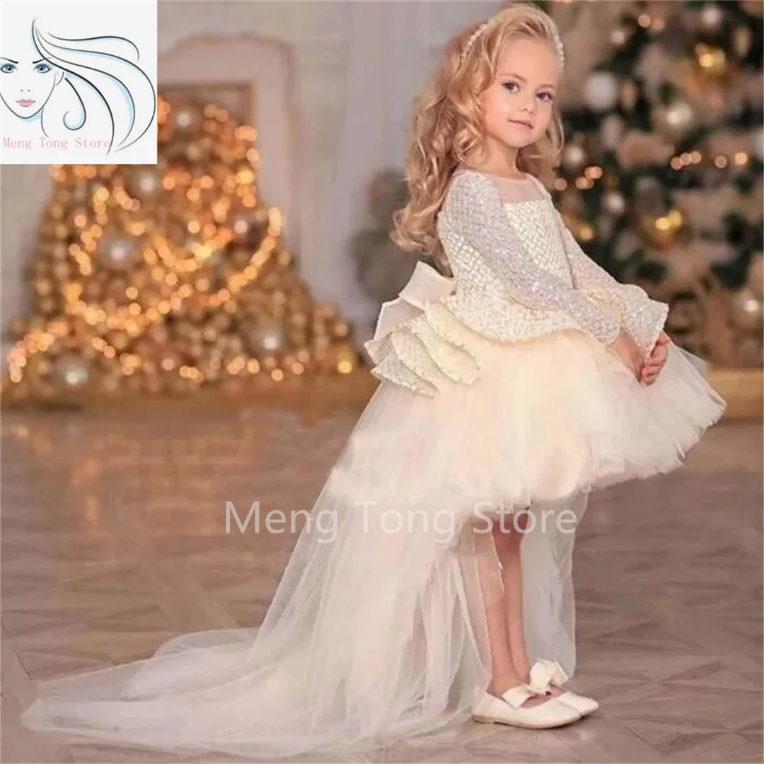 Tulle Puffy Flower Girl Dresses Sequin Top With Tailing Bow Long Sleeve For Wedding Birthday Party First Communion Gown