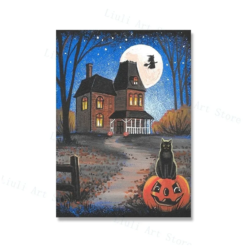 ملصق مطبوع على القماش عالي الدقة ، فن جداري ، ساحرة للهالوين ، مخيف ، قطة سوداء ، للحفلات ، المنزل ، في الهواء الطلق ، غرفة النوم ، اللوحة الزخرفية