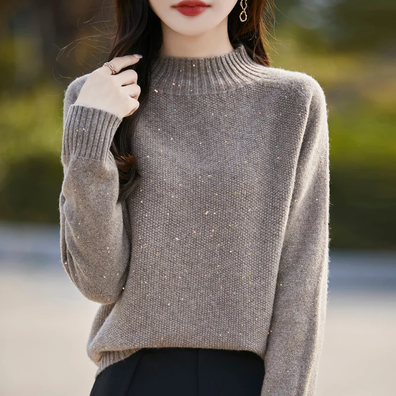 Women's dot yarn knit 100 pure wool pullover thick & loose seamless sweater with a half-height collar raglan sleeves for warm an