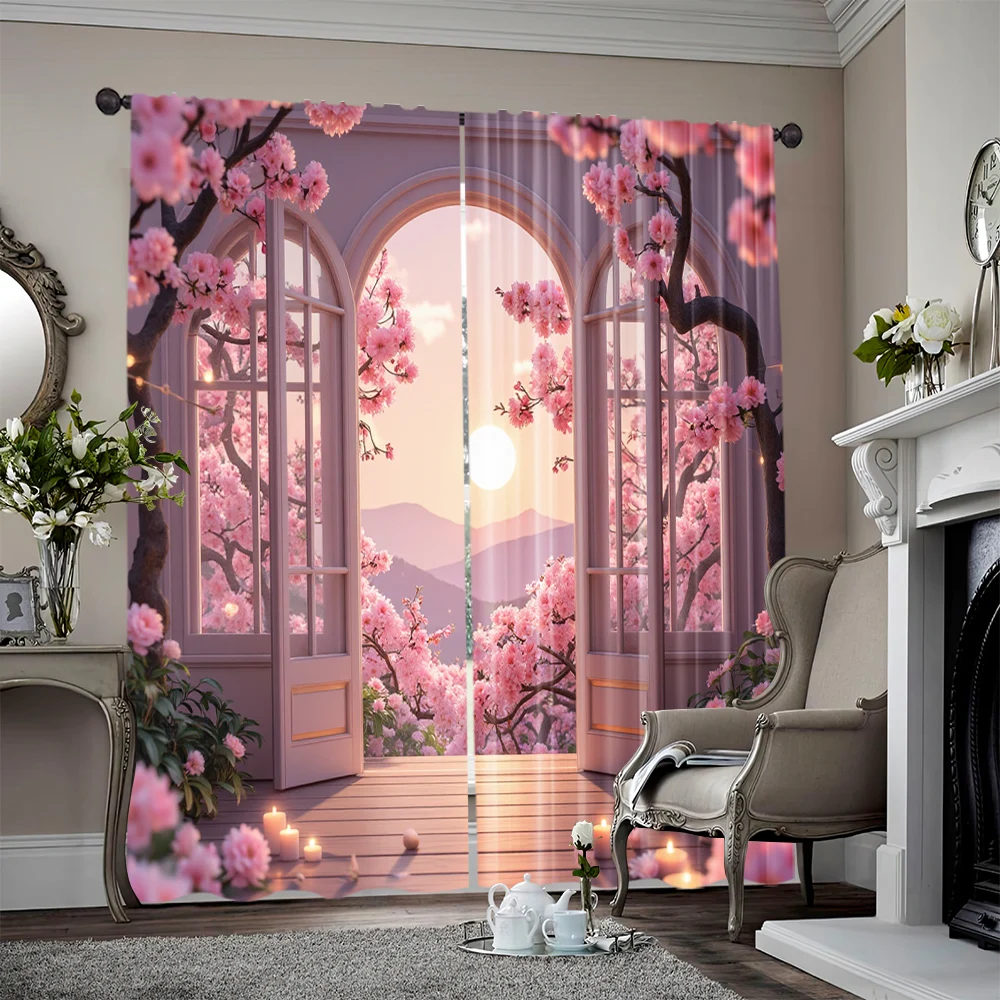2pcs, spring summer Curtains Spring Flowers Romantic Scenery Prints Light Filtering Curtains Versatile Polyester Fabric Festive