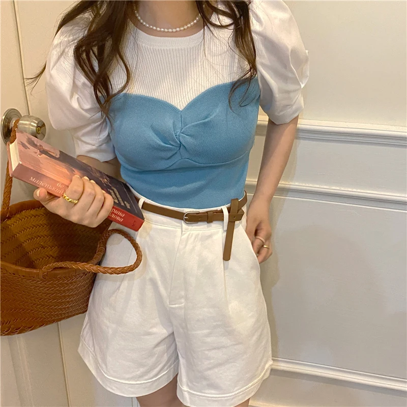 French Puff Sleeve Fake Two-piece Short-sleeved T-shirt Women's Trend Summer Design Small Unique Short Thin Top