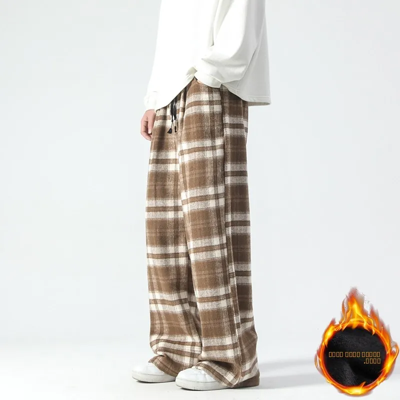 

Мужские шерстяные брюки премиум-класса: зимние, модные, на флисовой подкладке, теплые, в стиле ретро, в клетку, широкие, повседневные