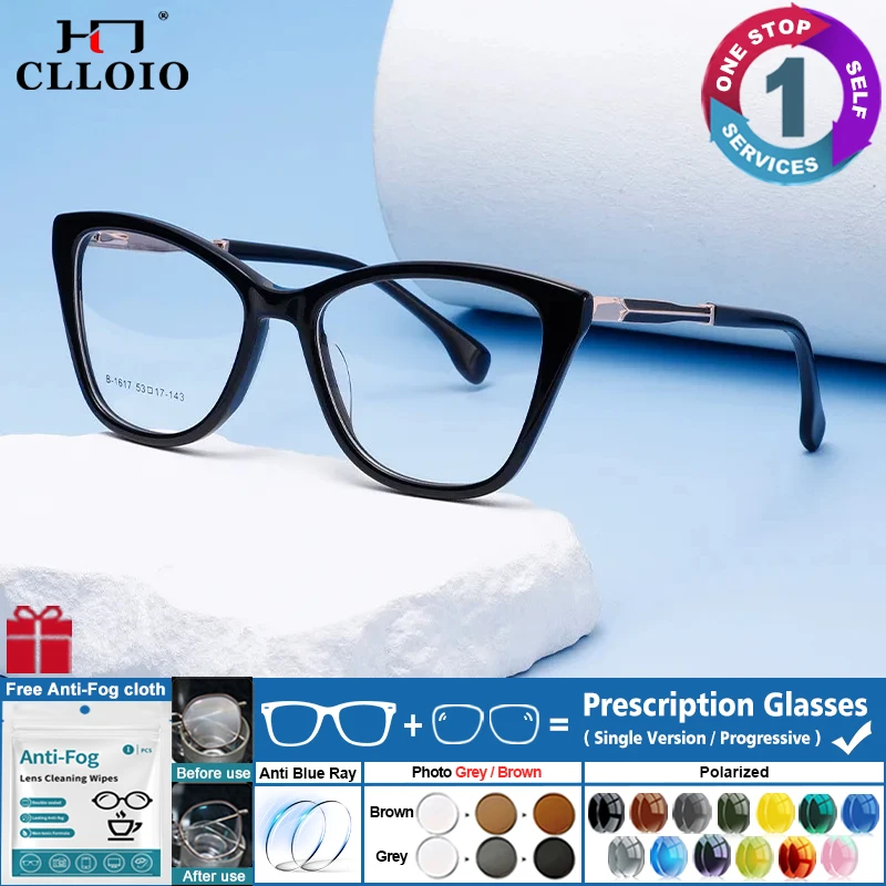 

CLLOIO Trendy Anti Blue Light Multifocal Prescription Reading Glasses Women Large Frame Cat eye Acetate Eyeglasses Glasses B1617