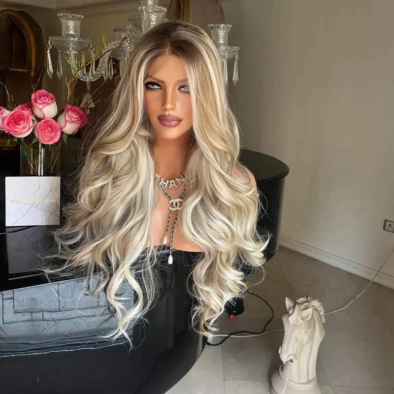 

13×4 HD Invisible Lace Front Wig For Women Brown Mixed Blonde Body Wave Lace Front Synthetic Wigs Cosplay Wig