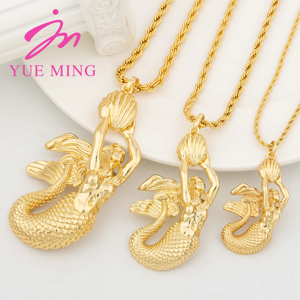 3PCS Gold Color Mermaid Pendant Necklace Vintage Unique Chain Lady Charm Copper Jewelry Accessory SML Mermaid Pendant Daily Wear