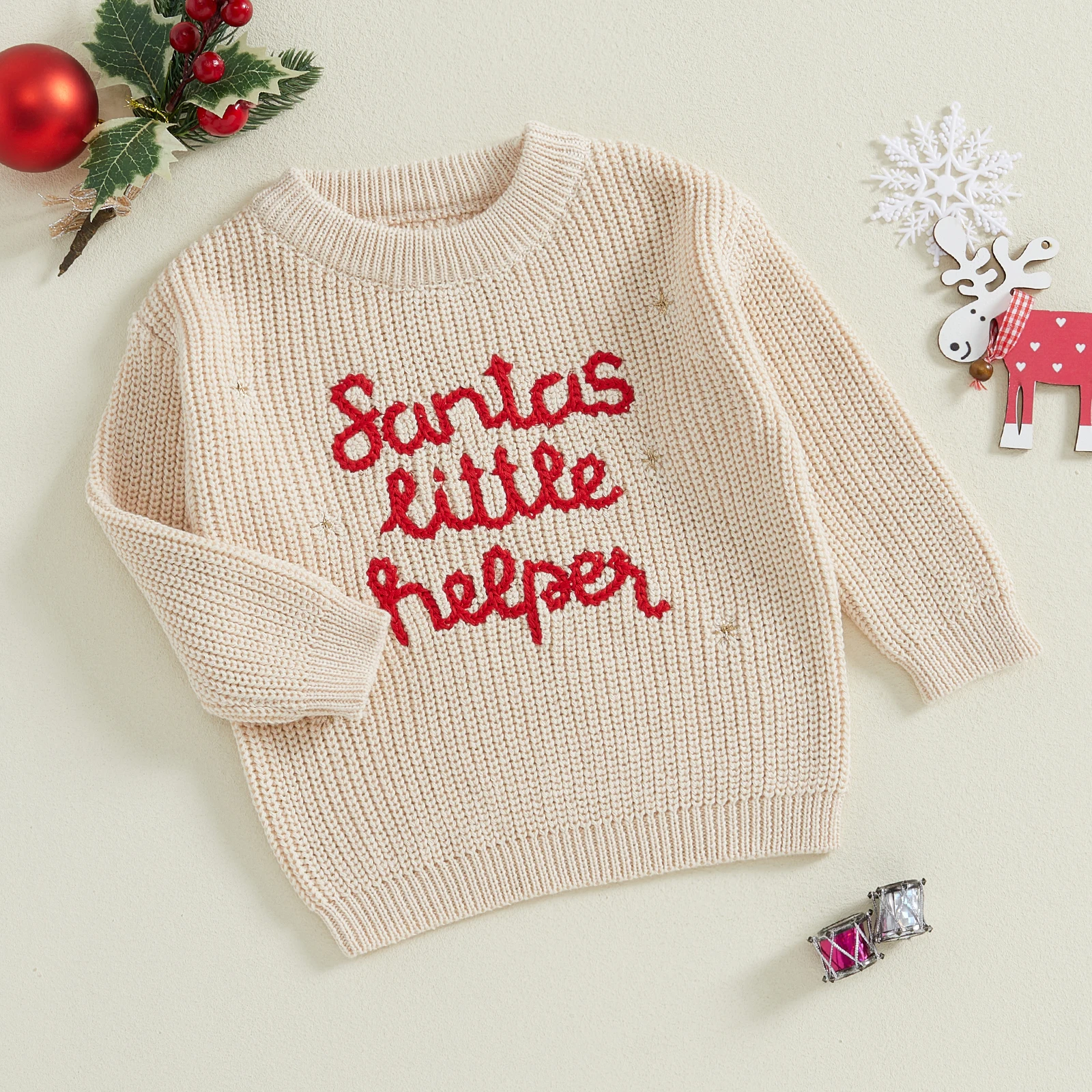 Baby Boy Girl Christmas Sweater Casual Letter Embroidery Warm Knitted Long Sleeves Pullover Infant Knitwear for Toddler