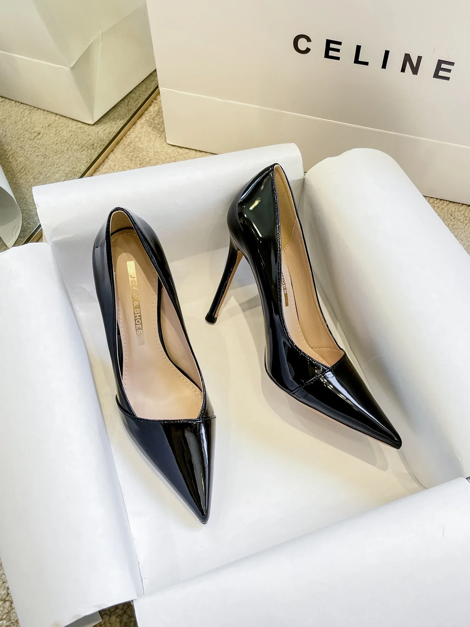 

New Black Pointed Shallow Mouth Sexy Lacquer High Heels with Thin Heels, Versatile Work Single Shoes for Women