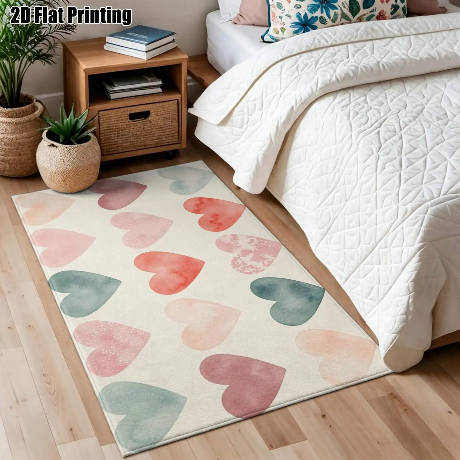 1Pc 2D Printed Morandi Watercolor Heart Pattern Carpet: Instagram-Style, Machine-Washable Floor Mat for Home Decor, Multiple Sizes Available