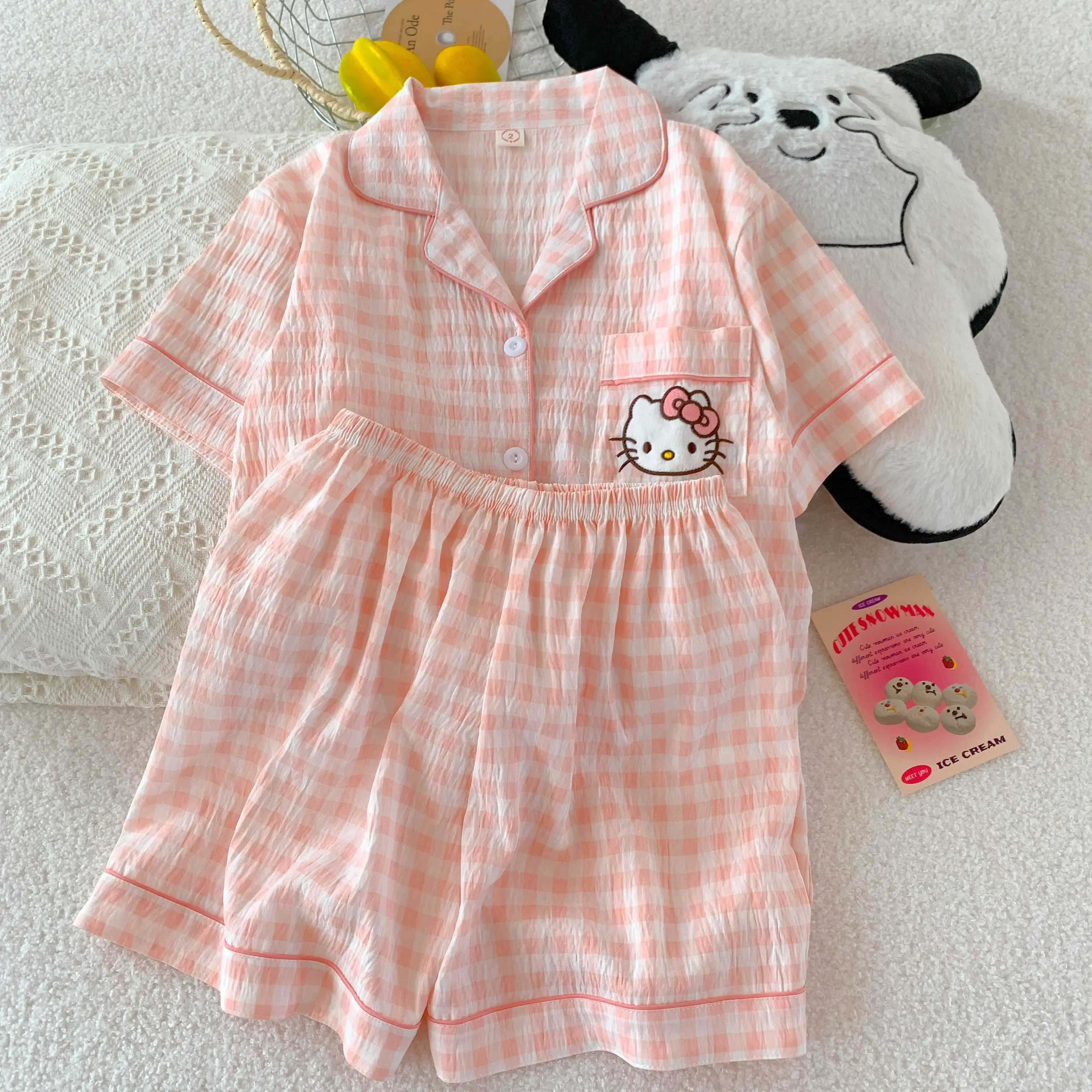 

New Anime Hello Kitty Embroidery Pajamas Set Summer Women Sleepwear Top and Shorts Cartoon Soft Comfortable Cute Home Clothing
