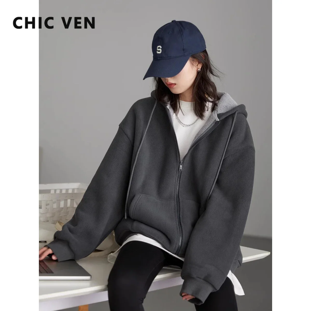 CHIC VEN Women Hoodies Sweatshirts Solid Loose Streetwear Coat Zip-up Plush Hooded Sweater Jacket for Women Autumn Winter 2024