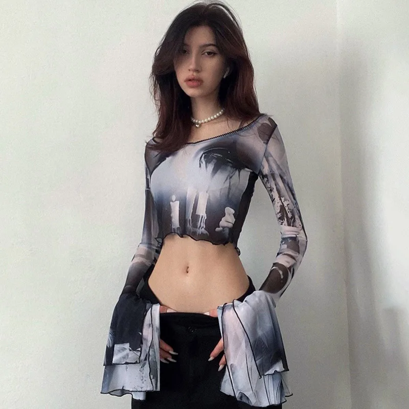 Punk Aesthetic Print Mesh Women Crop Tops Gothic Flare Sleeve See Through T-shirts Emo Lettuce Hem Sexy Streetwear