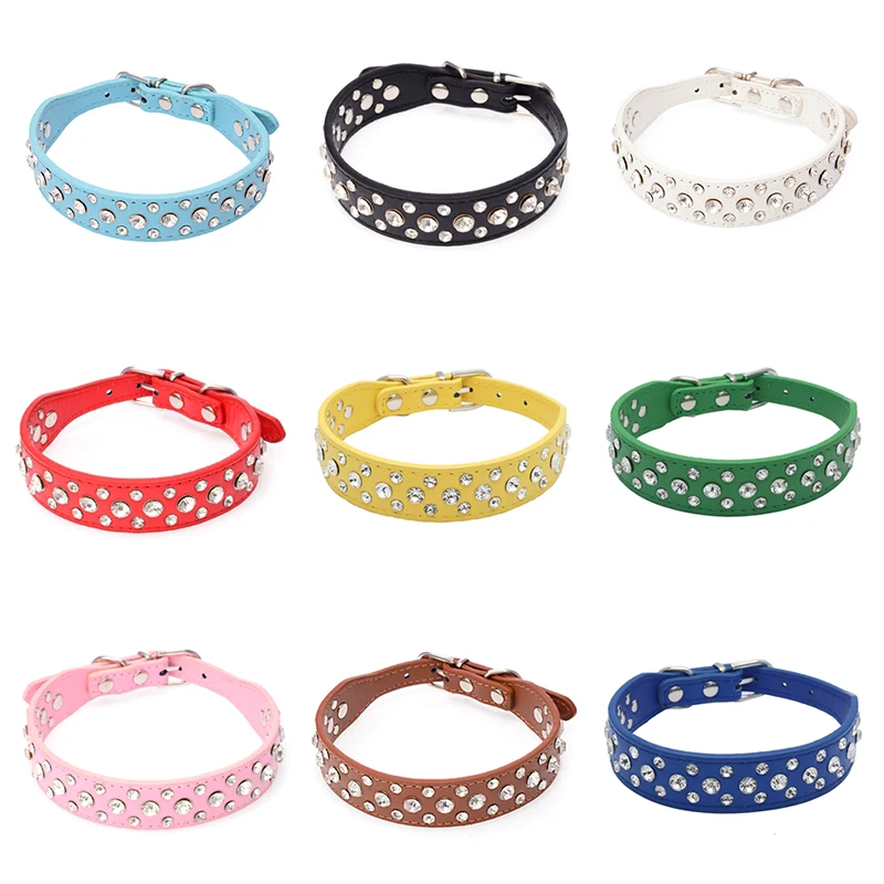 Crystal Small Dog Collar Leather Rhinestone Pet Dogs Collar Padded Puppy Cat Collars Adjustable For Small Dogs Chihuahua