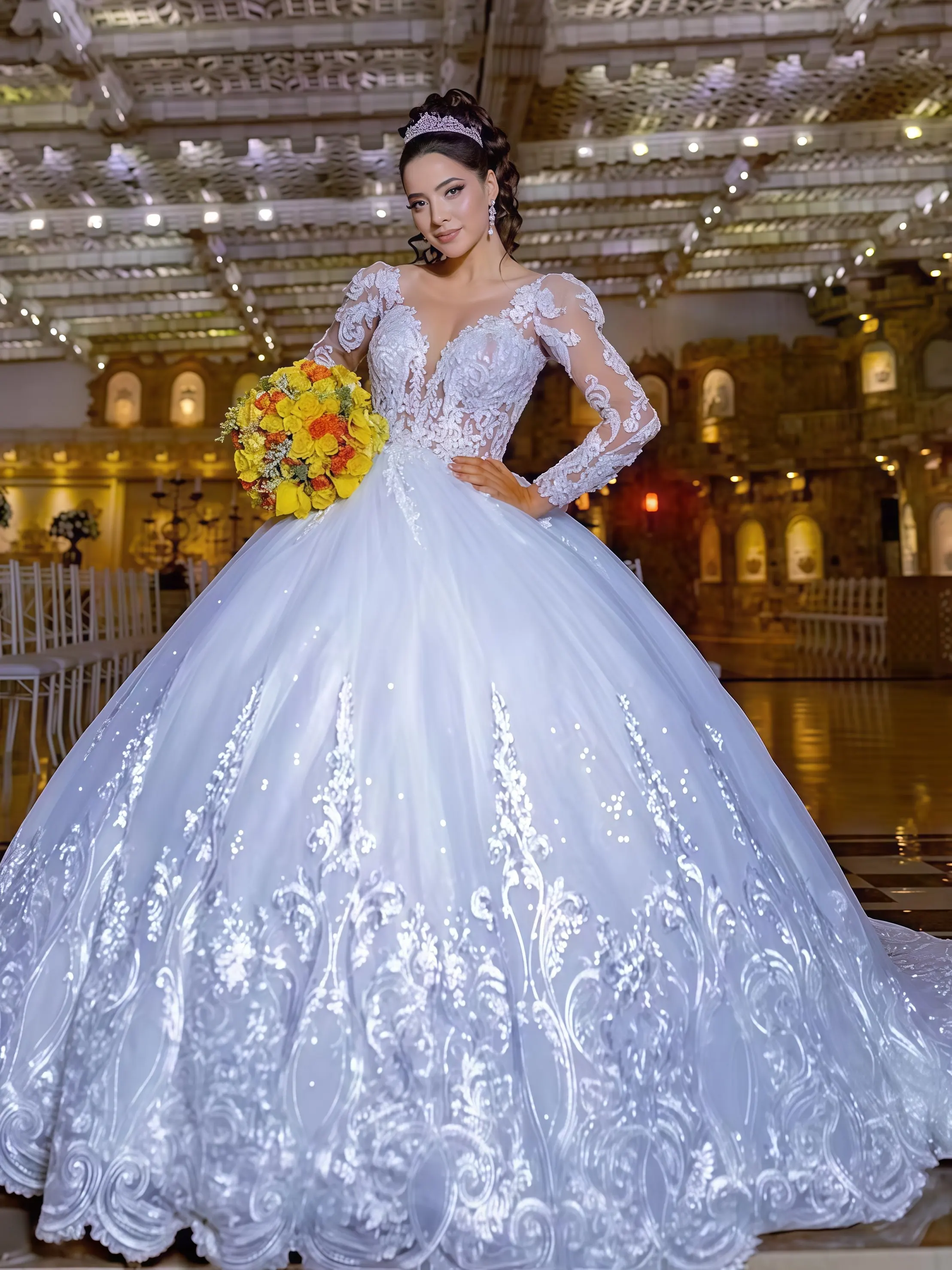 Personalizzato squisito bianco O-Collo Appliques Abito da sposa 2026 Abito da ballo Lunghezza pavimento Sweep Train Maniche lunghe Tulle Lace Up