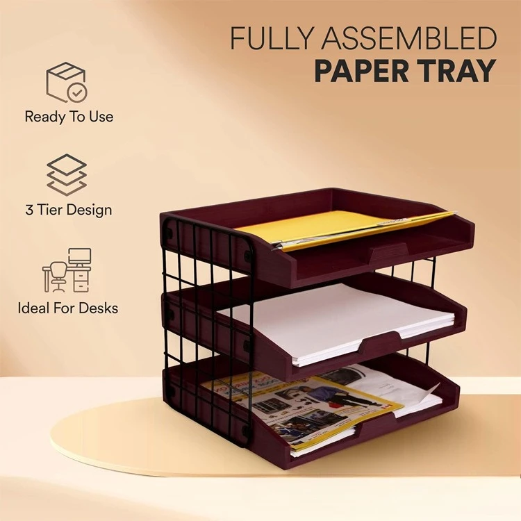 Wooden multi-layer file rack, desktop three-layer file office data storage rack, retro wooden file storage rack