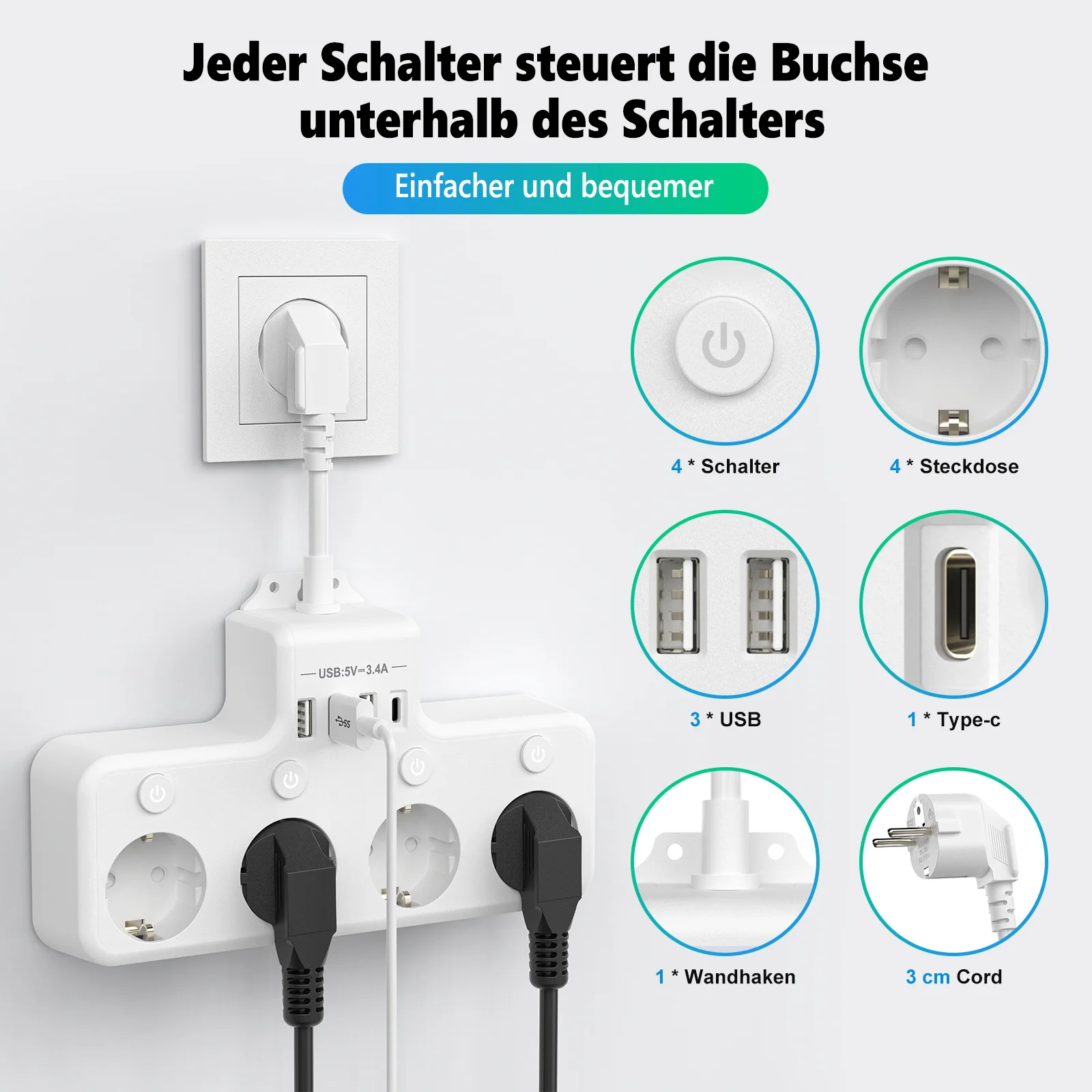 Euro specification multi-plug power strip, 3 USB and 1Type-C charging port adapters, surge protector switch wall sockets 16A