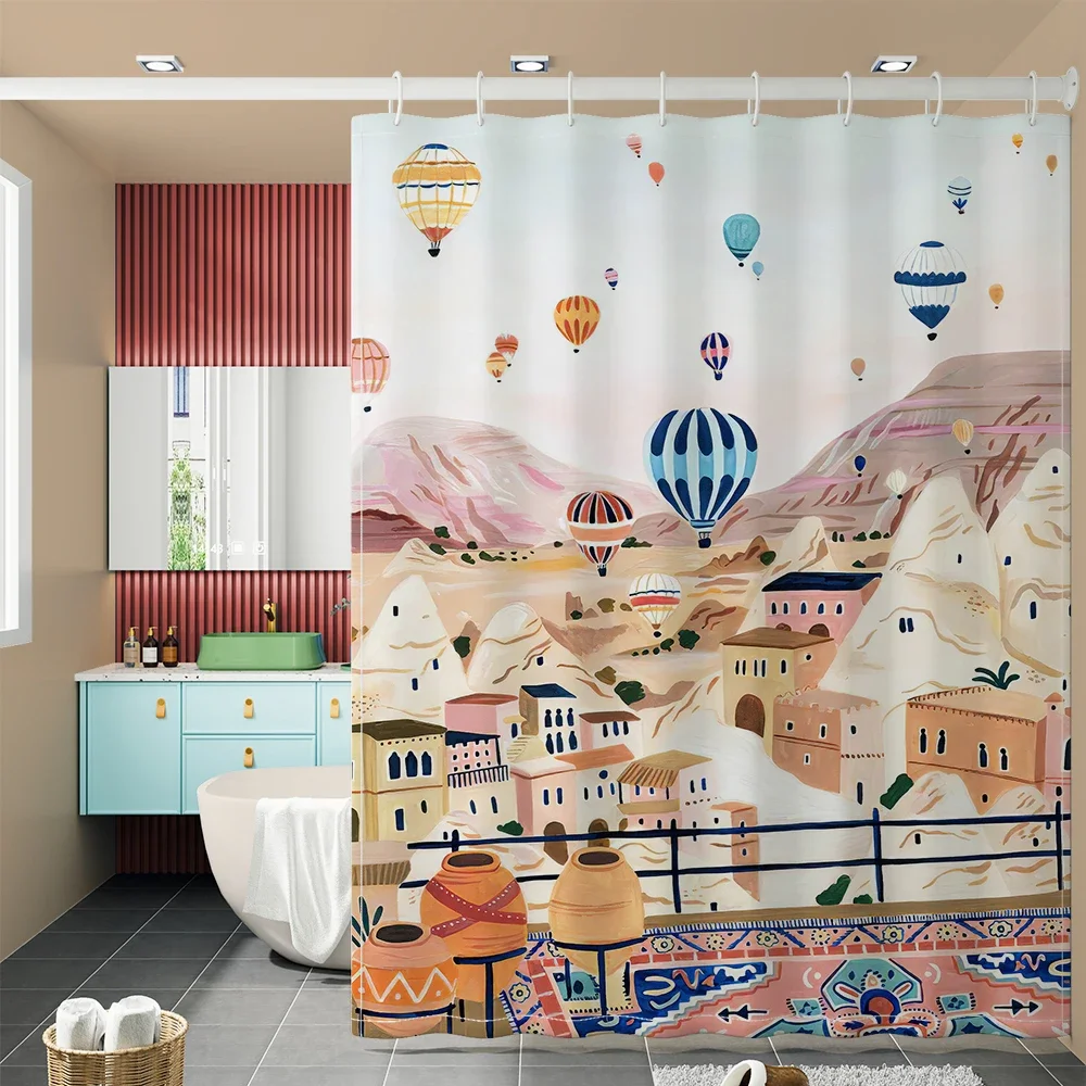 Morandi Town Shower Curtain Nordic Style Mildew Proof Bathroom Curtain Polyester Waterproof Fabric Curtain Bathroom With Hooks