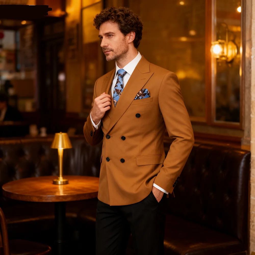 

Solid Man Double-breasted 2 Piece Suit Peak Lapel Wedding Business Casual Graduation Outfit Set for Men