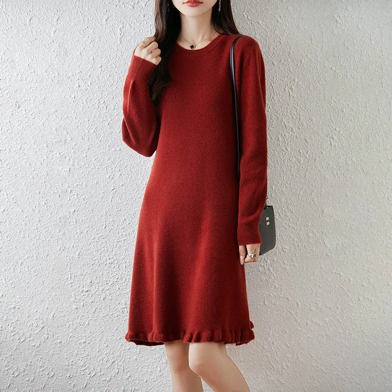 2025 New Women's Mid-Long Loose-Fit Ruffle Hem Sweater Dress 100% Merino Wool Warm Knit Dress Long Sleeve Crewneck Elegant
