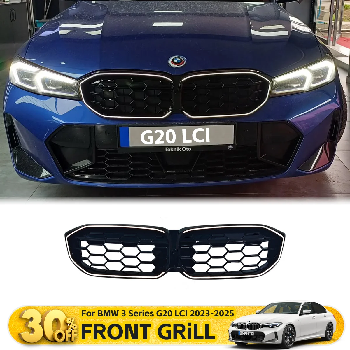 Передняя решетка со светодиодной лампой, гоночная решетка для почек для BMW 3 серии G20 LCI 2023-2025, тюнинг автомобиля, внешний комплект кузова, аксессуары
