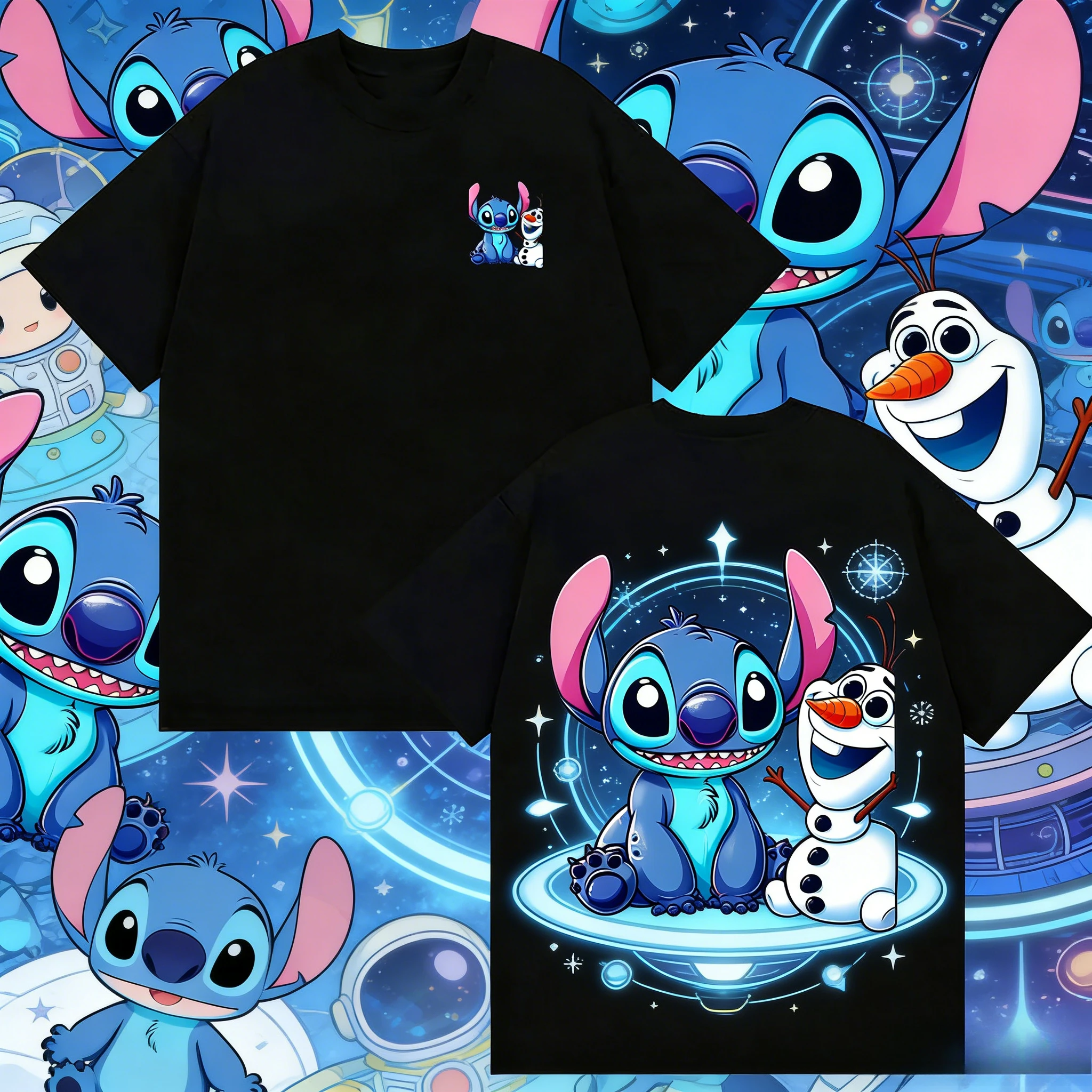 

Disney Summer Star Baby Stitch and Olaf 100% Pure Cotton Printed T-shirts for Men and Women, Casual, Loose and Breathable Tops