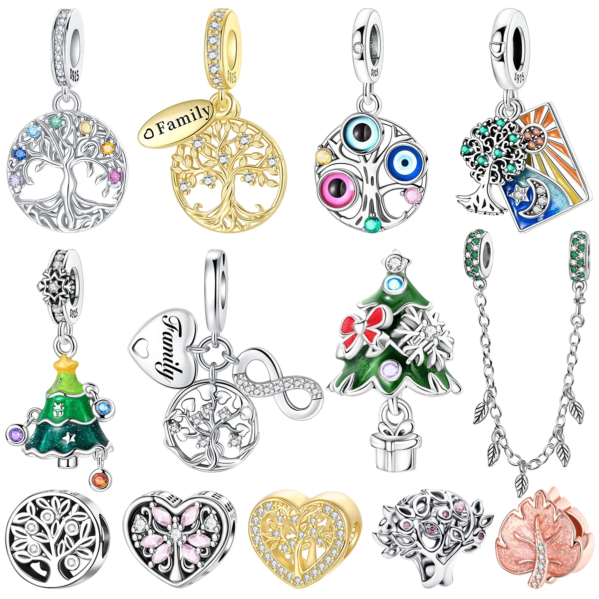 S925 Silver Plated Family Tree of Life Tree Heart Infinity Charms Beads Enamel Inlaid Gem DIY Bracelet Gift Fine Fashion Jewelry