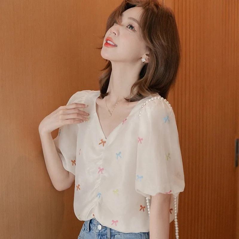 Women Summer Fashion Loose Temperament Printing V-neck Sweet Short Sleeve Chiffon Shirts Women Clothes Casual All-match Tops