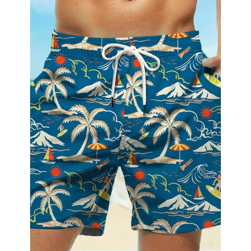 3D Printing Ship Coconut Tree Short Pants For Men Colorful Geometry Pattern Swim Trunks Summer Oversized Casual Beach Shorts