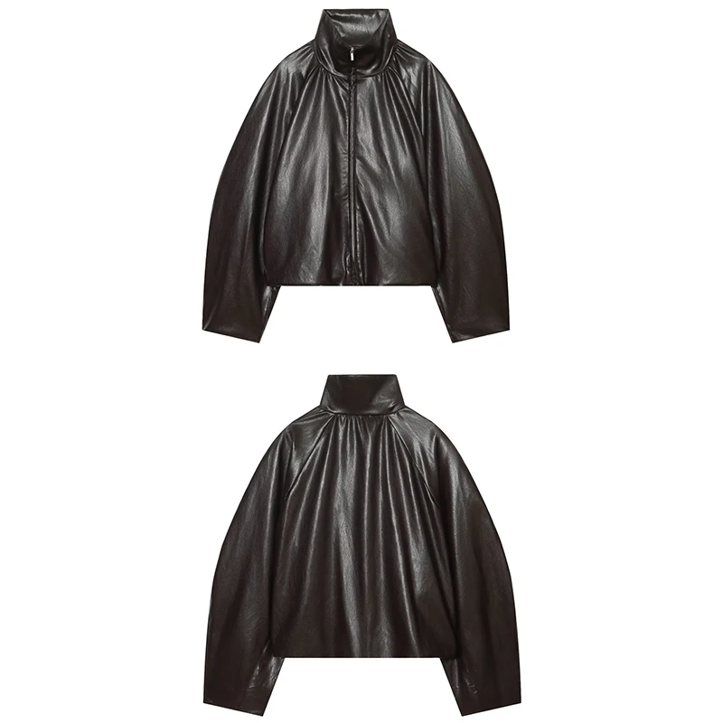 Guobioziy Women's Slim-Fit Ruched Faux Leather Jacket 2026 Spring-Autumn New French Casual Fashion Trend Tassel Commuter Street