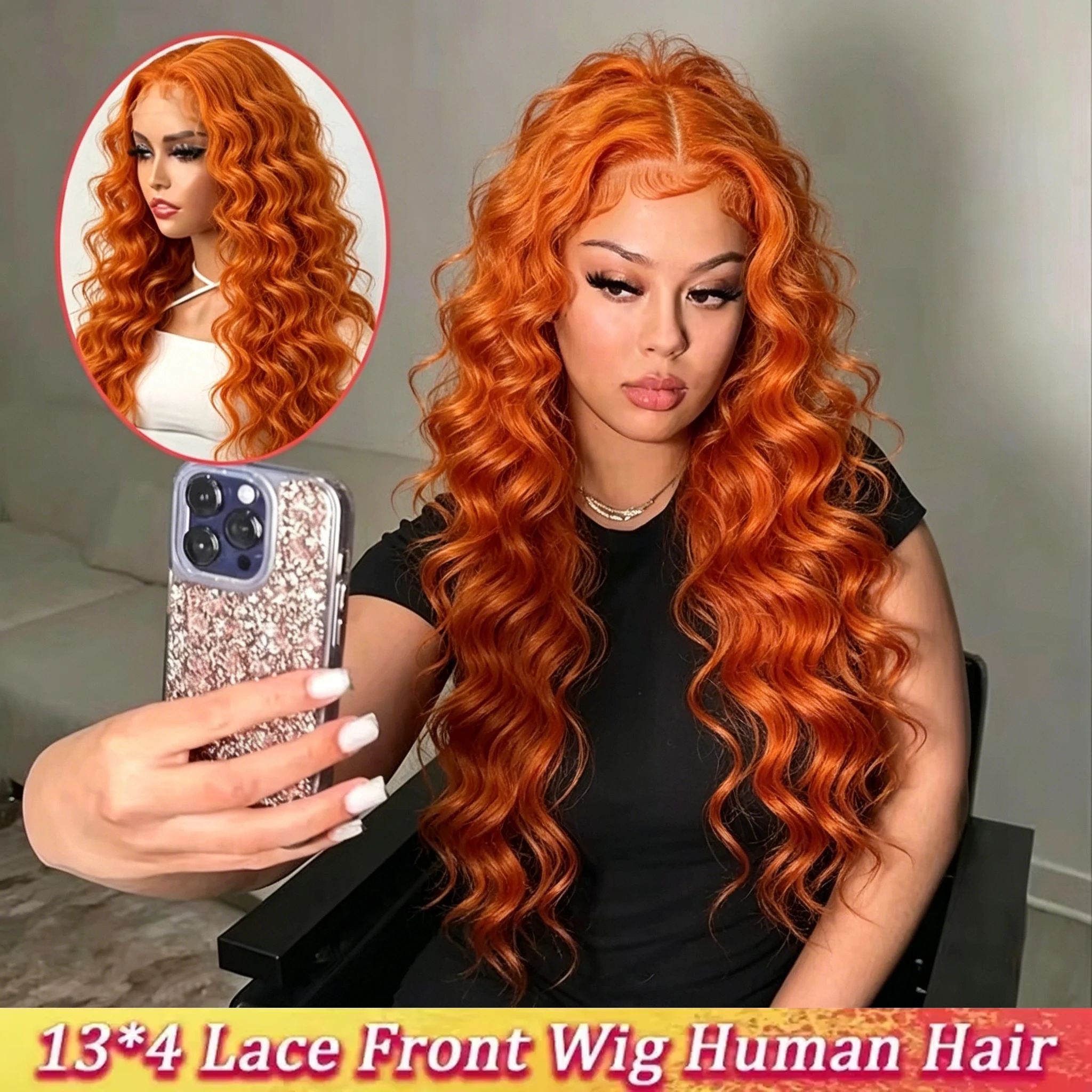

SIXQUEEN 30 34 Inch Ginger Orange Deep Wave 13x6 Lace Frontal Wig Human Hair Curly 350 Colored 13x4 Lace Front Wigs 260 Density