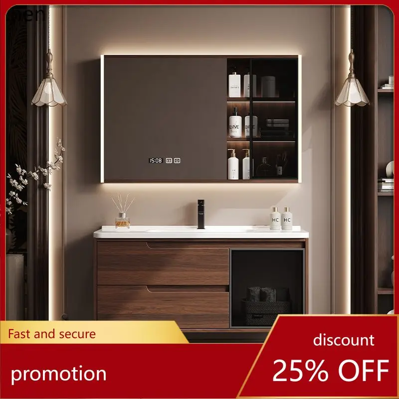 CZ Vintage Style Walnut Bathroom Cabinet Set with Integrated Ceramic Basin for Washing Hands and Face