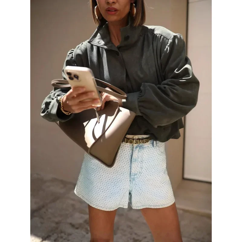 Pullover Pleated Single-button Merlot-colored Short Women's Suede Jacket with A Stand Collar Leather Jacket Women