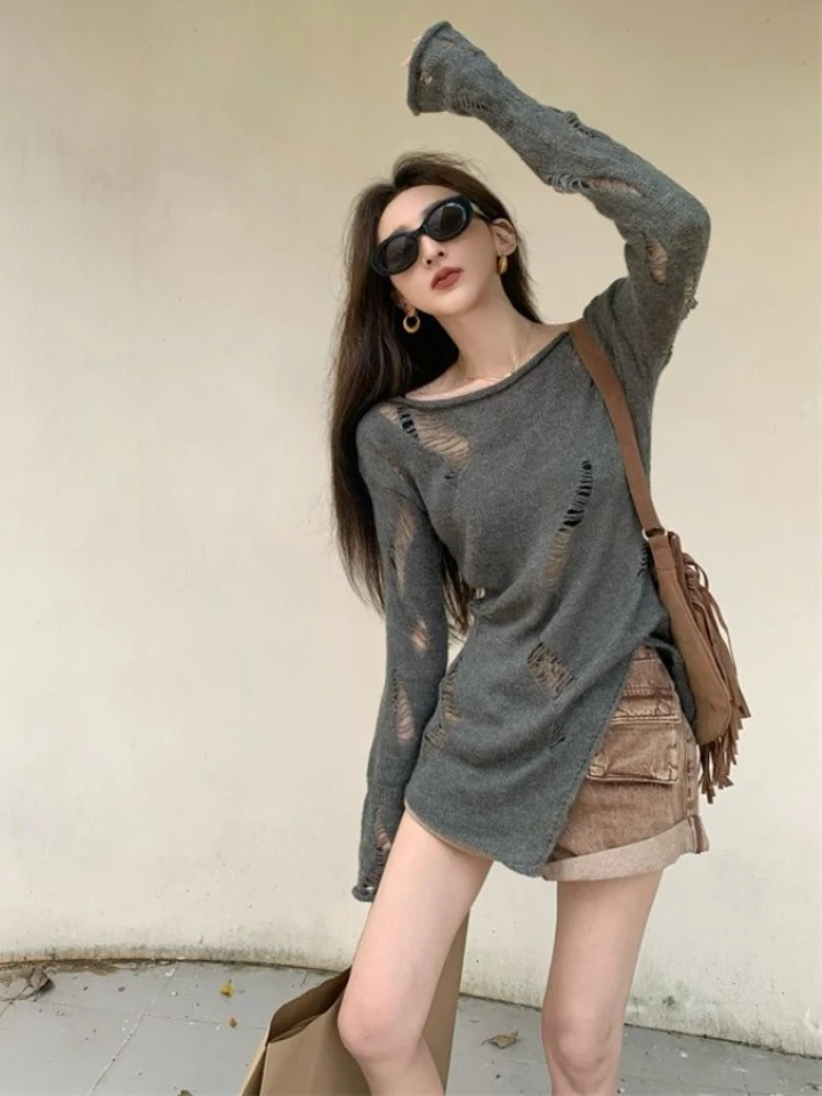 

QWEEK Grunge Sweater Vintage Harajuku Streetwear Knitted Knit Hollow Out Korean Fashion Pullovers 2024 Autumn Spring